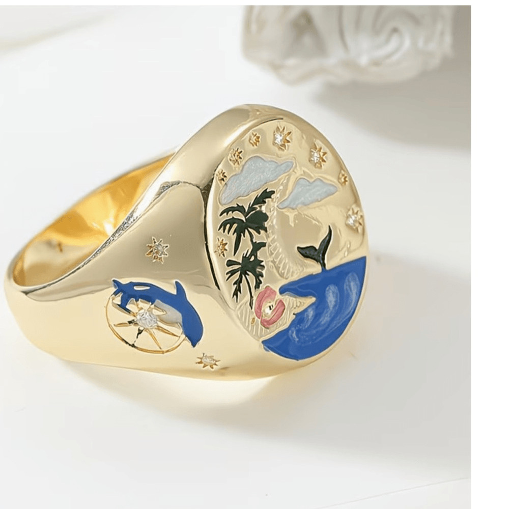 Soon NEW!, 6/30 Tropical Dolphin & Whale Signet Ring - Blue Enamel Accents